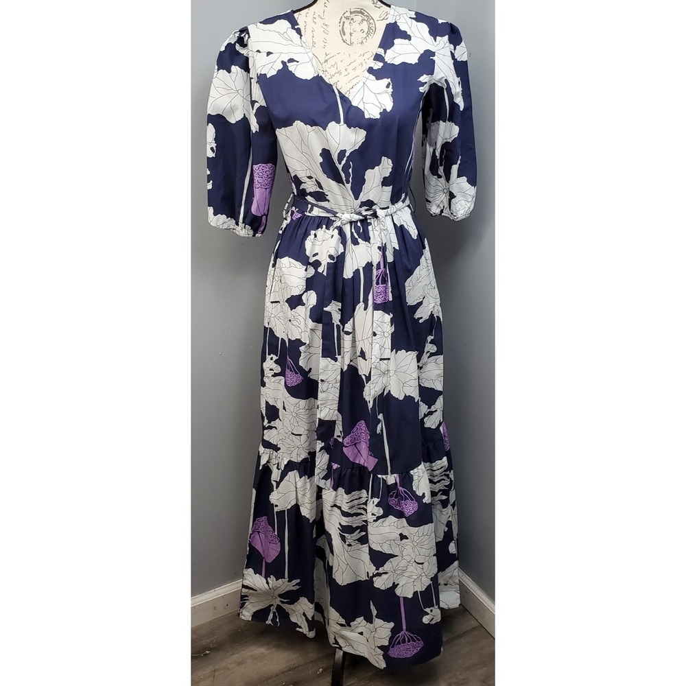 Maude Vivante Maxi Dress Womens S Multi Floral Tiered Pleated Back Zip Tie Waist